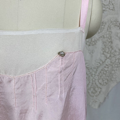 Antique 1920's Step-in Chemise | Pale Petal Pink Silk with White Chiffon & Lace | Size S, M | Burtex, Never Worn - Daggers & Dames