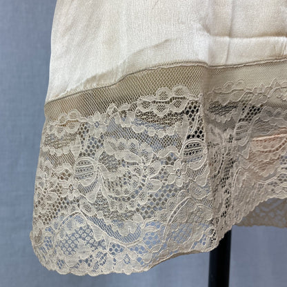 Antique 1920's Step In Chemise | Peach Silk Charmeuse with Embroidered Lace Tulle & Silk Rosette | Size XS, S | New Old Stock - Daggers & Dames