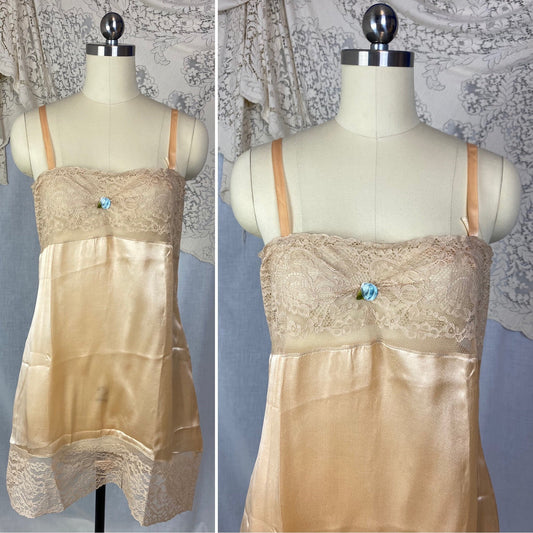Antique 1920's Step In Chemise | Peach Silk Charmeuse with Embroidered Lace Tulle & Silk Rosette | Size XS, S | New Old Stock - Daggers & Dames