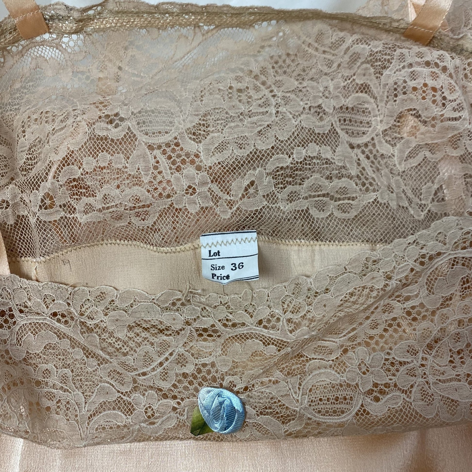 Antique 1920's Step In Chemise | Peach Silk Charmeuse with Embroidered Lace Tulle & Silk Rosette | Size XS, S | New Old Stock - Daggers & Dames