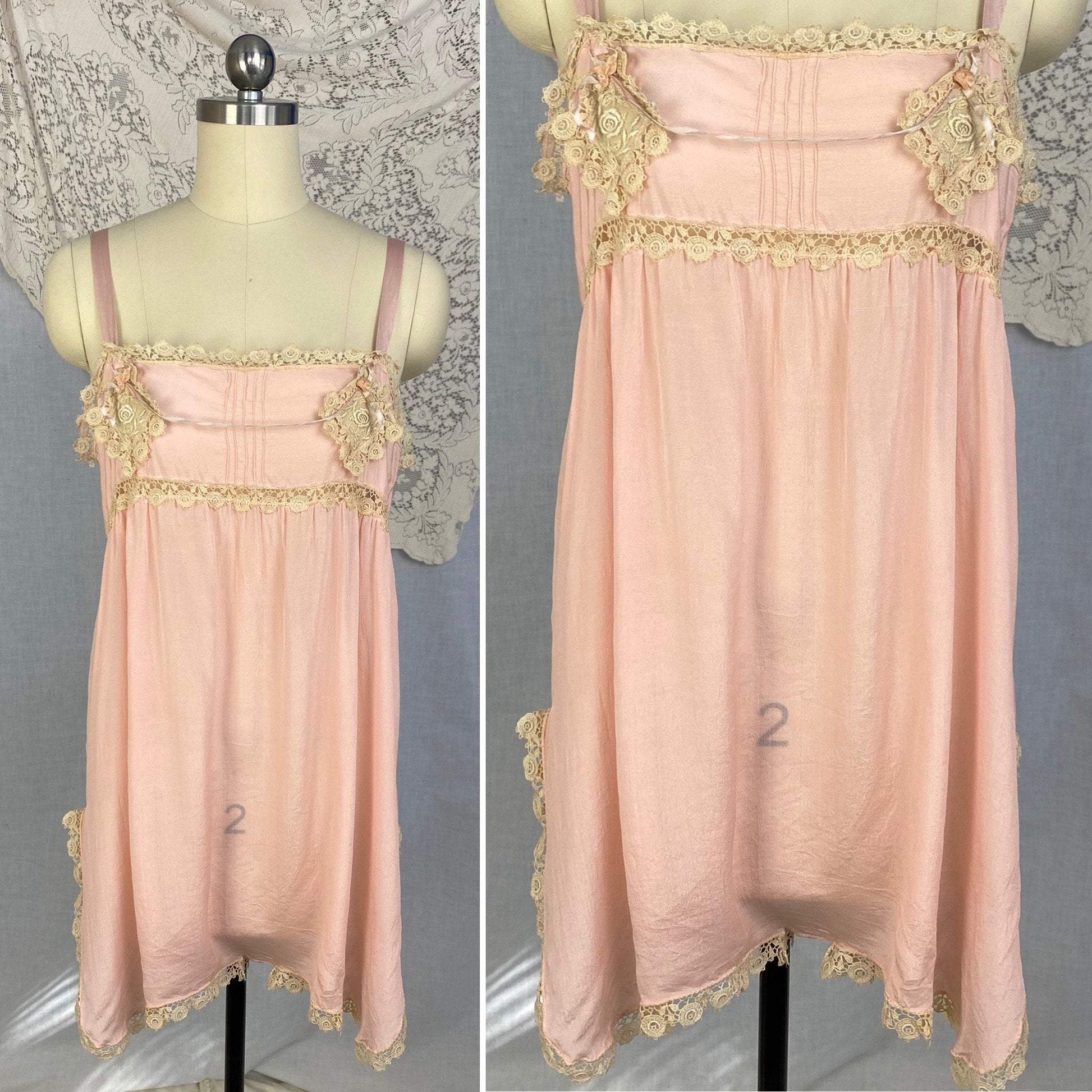 Antique 1920's Step-in Chemise | Petal Pink Silk with Cream Bobbin Lace Appliqués | Size 38 Bust, M, LG - Daggers & Dames