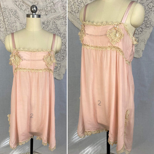 Antique 1920's Step-in Chemise | Petal Pink Silk with Cream Bobbin Lace Appliqués | Size 38 Bust, M, LG - Daggers & Dames