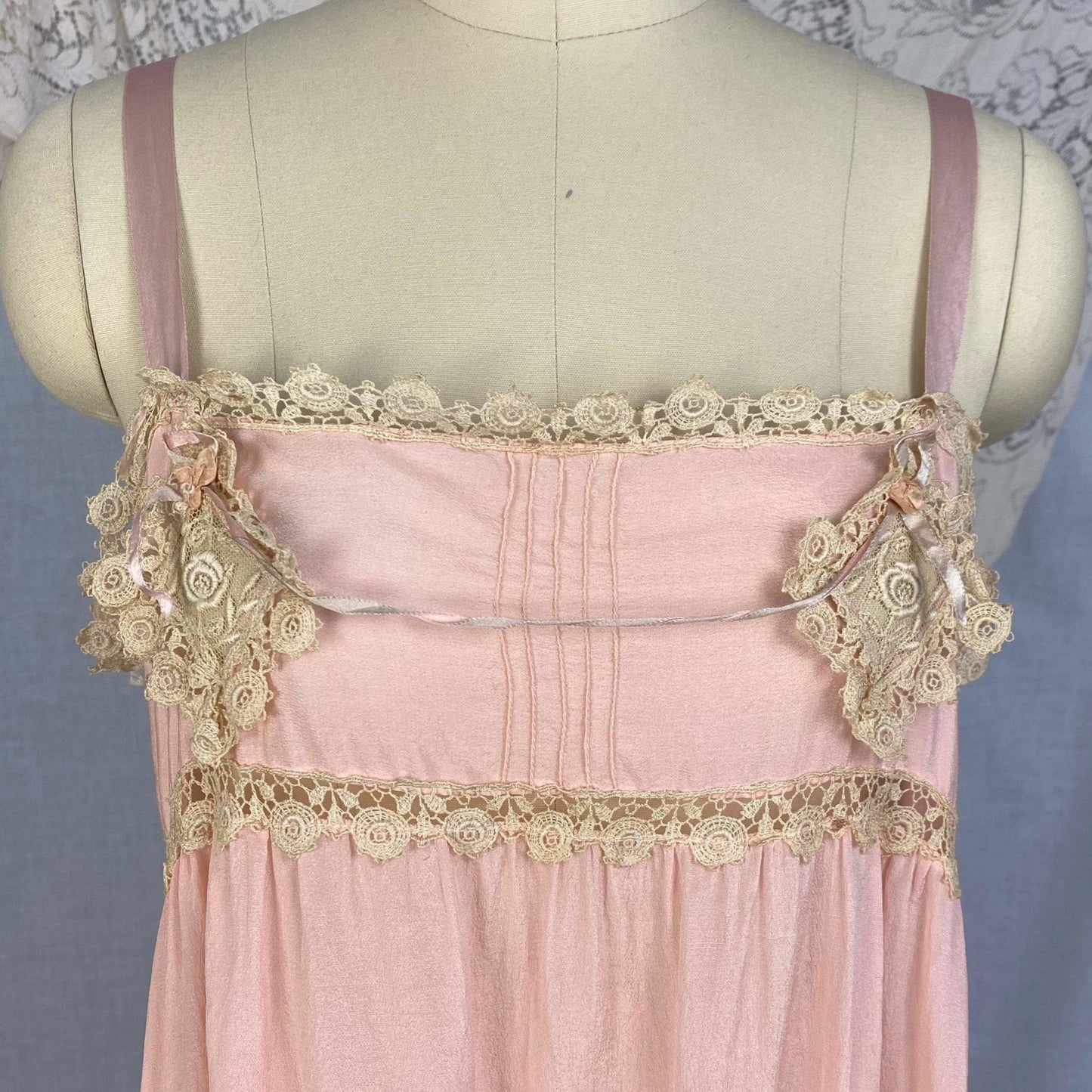 Antique 1920's Step-in Chemise | Petal Pink Silk with Cream Bobbin Lace Appliqués | Size 38 Bust, M, LG - Daggers & Dames