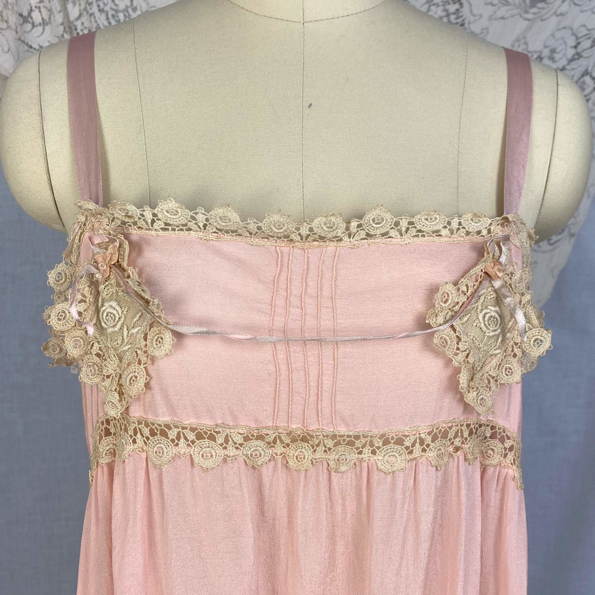Antique 1920's Step-in Chemise | Petal Pink Silk with Cream Bobbin Lace Appliqués | Size 38 Bust, M, LG - Daggers & Dames