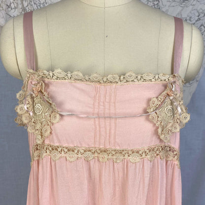 Antique 1920's Step-in Chemise | Petal Pink Silk with Cream Bobbin Lace Appliqués | Size 38 Bust, M, LG - Daggers & Dames