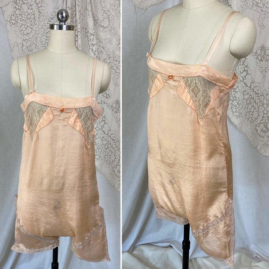 Antique 1920's Step-in Chemise | Rich Peach Silk Crepe with Nude Lace | Size XXS, XS | Never Worn - Daggers & Dames
