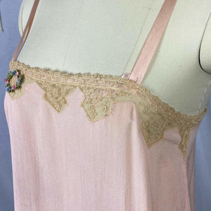 Antique 1920's Step In Chemise | Sheer Princess Pink Silk with Tambour Lace & Silk Rosettes | Size 32-34 Bust, XS/S | Never Worn - Daggers & Dames