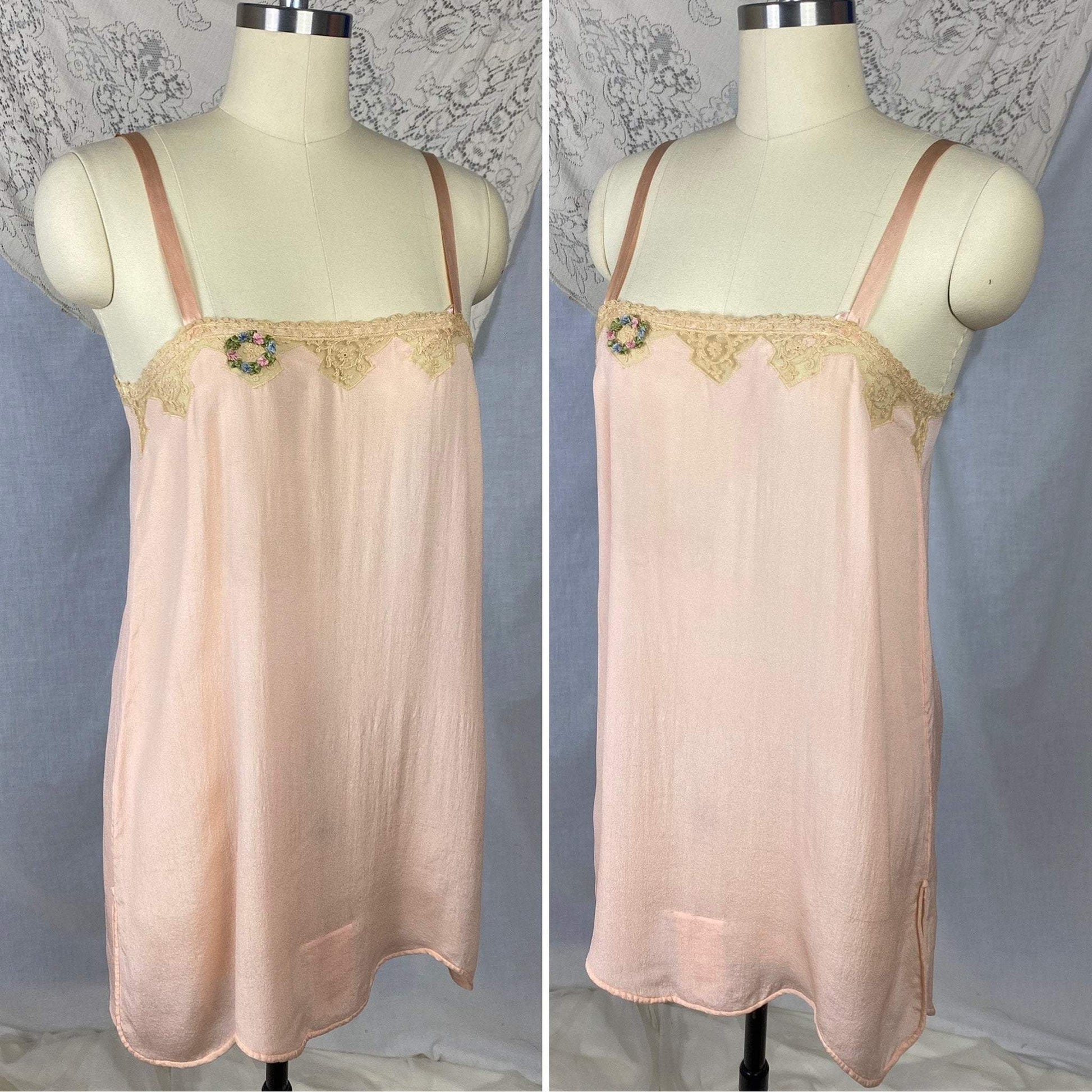 Antique 1920's Step In Chemise | Sheer Princess Pink Silk with Tambour Lace & Silk Rosettes | Size 32-34 Bust, XS/S | Never Worn - Daggers & Dames