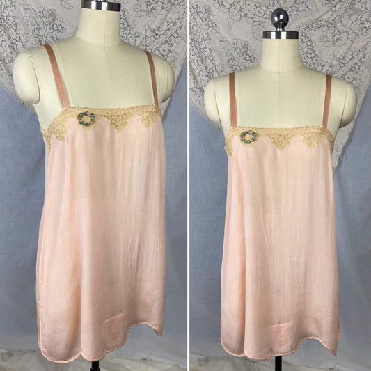 Antique 1920's Step In Chemise | Sheer Princess Pink Silk with Tambour Lace & Silk Rosettes | Size 32-34 Bust, XS/S | Never Worn - Daggers & Dames