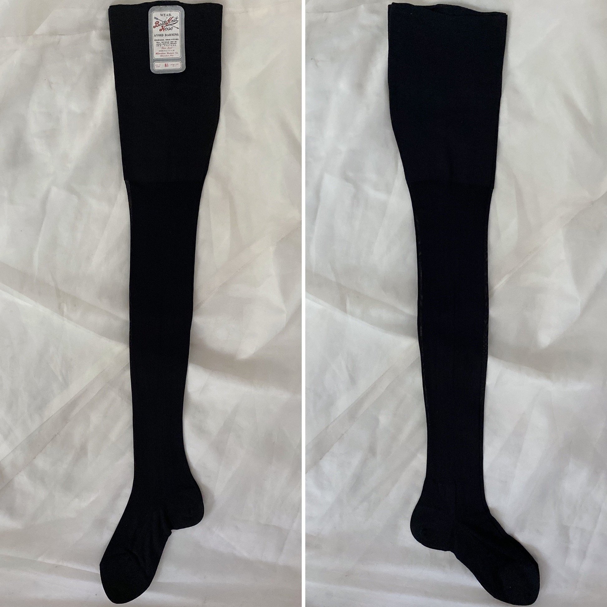 Antique 1920's Stockings | Inky Black Silk Knit with Cotton Reinforcement & Exposed Seams | Size 8.5 | Best Knit Hosiery -New with Tag - Daggers & Dames