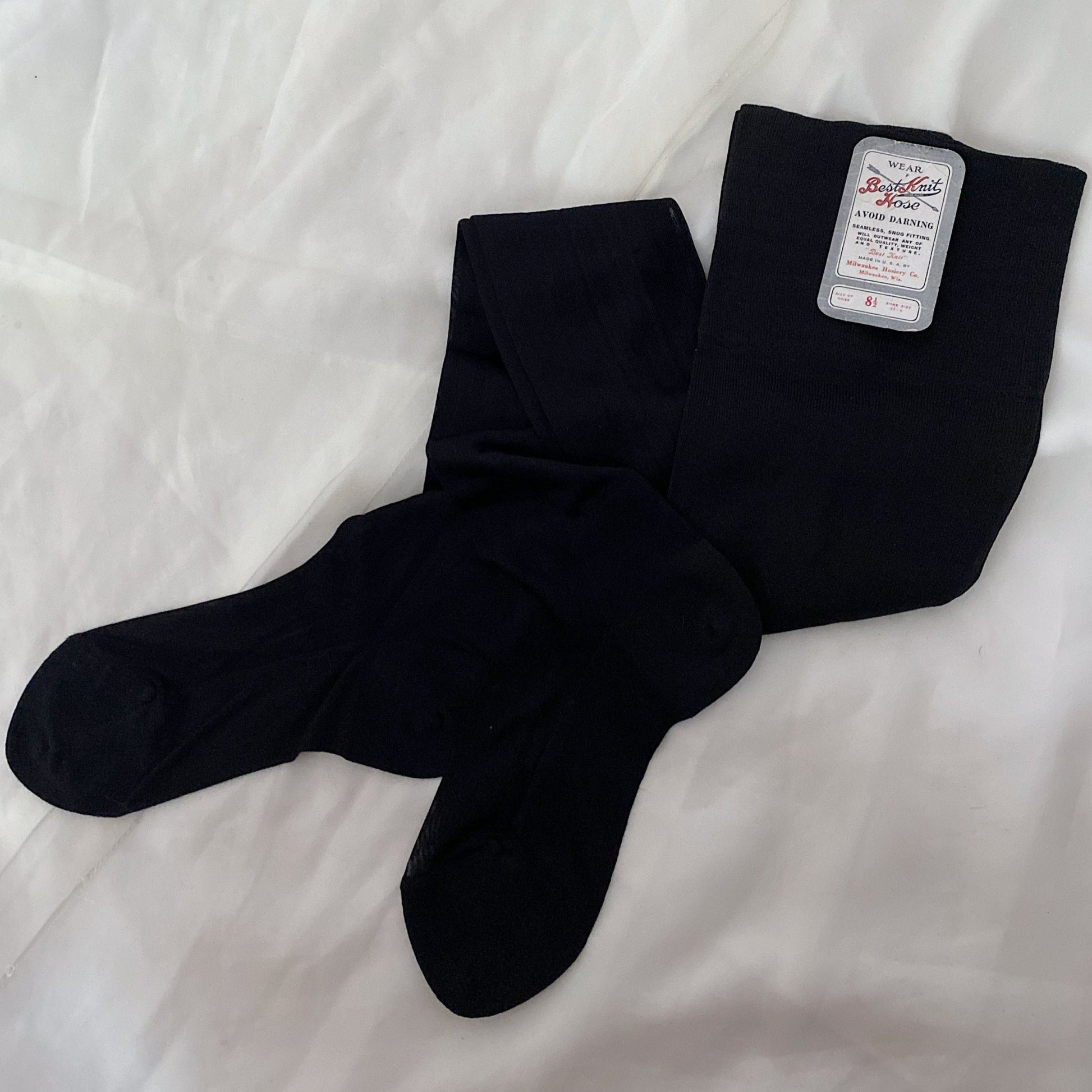 Antique 1920's Stockings | Inky Black Silk Knit with Cotton Reinforcement & Exposed Seams | Size 8.5 | Best Knit Hosiery -New with Tag - Daggers & Dames