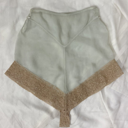 Antique 1920's Tap Pants | Sheer Mint Green Silk Chiffon with Deep Nude Lace & Double Side Button Closure | Size XXS, XS - Daggers & Dames