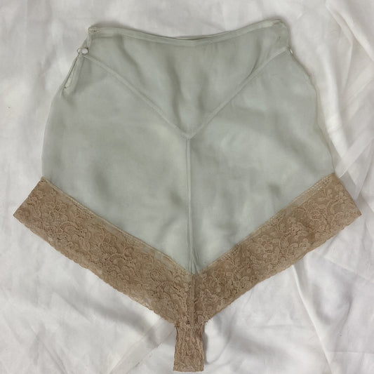 Antique 1920's Tap Pants | Sheer Mint Green Silk Chiffon with Deep Nude Lace & Double Side Button Closure | Size XXS, XS - Daggers & Dames