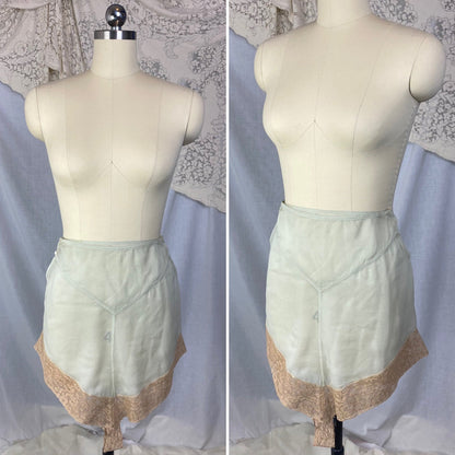 Antique 1920's Tap Pants | Sheer Mint Green Silk Chiffon with Deep Nude Lace & Double Side Button Closure | Size XXS, XS - Daggers & Dames
