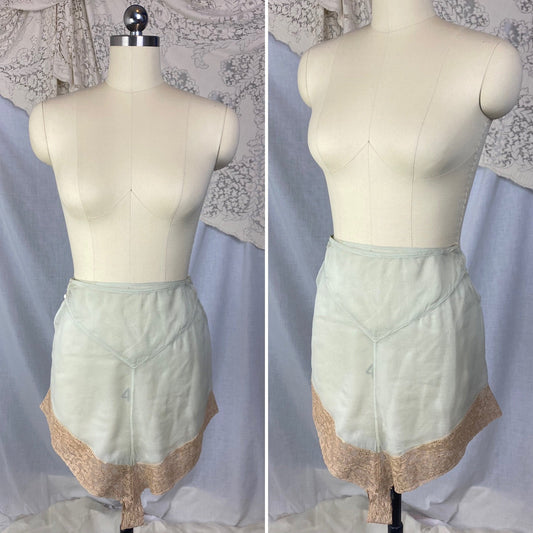 Antique 1920's Tap Pants | Sheer Mint Green Silk Chiffon with Deep Nude Lace & Double Side Button Closure | Size XXS, XS - Daggers & Dames
