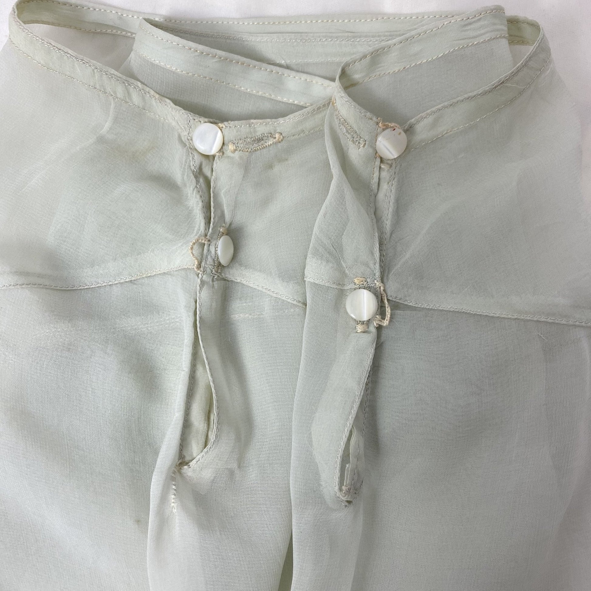 Antique 1920's Tap Pants | Sheer Mint Green Silk Chiffon with Deep Nude Lace & Double Side Button Closure | Size XXS, XS - Daggers & Dames