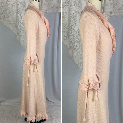 Antique 1920's Wrap Robe | Size MED | Powder Pink Knitted Wool with Silk Ribbon Ruffles | Tecla Melliz - Florence, Italy - Daggers & Dames