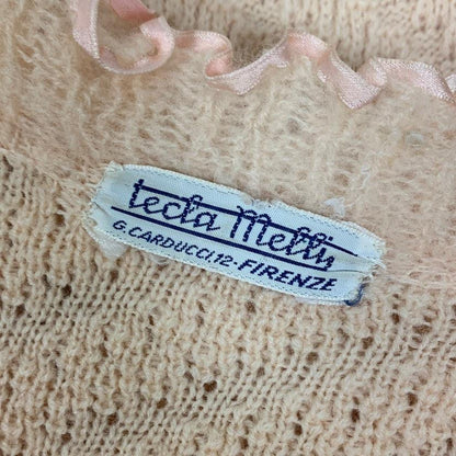Antique 1920's Wrap Robe | Size MED | Powder Pink Knitted Wool with Silk Ribbon Ruffles | Tecla Melliz - Florence, Italy - Daggers & Dames