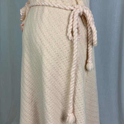 Antique 1920's Wrap Robe | Size MED | Powder Pink Knitted Wool with Silk Ribbon Ruffles | Tecla Melliz - Florence, Italy - Daggers & Dames