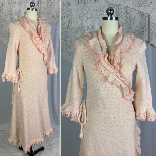 Antique 1920's Wrap Robe | Size MED | Powder Pink Knitted Wool with Silk Ribbon Ruffles | Tecla Melliz - Florence, Italy - Daggers & Dames