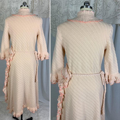 Antique 1920's Wrap Robe | Size MED | Powder Pink Knitted Wool with Silk Ribbon Ruffles | Tecla Melliz - Florence, Italy - Daggers & Dames