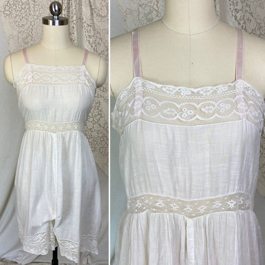 Antique Edwardian 1910's Camiknickers | Soft Semi-Sheer White Cotton with Lace & Open Seat | Size M - Daggers & Dames
