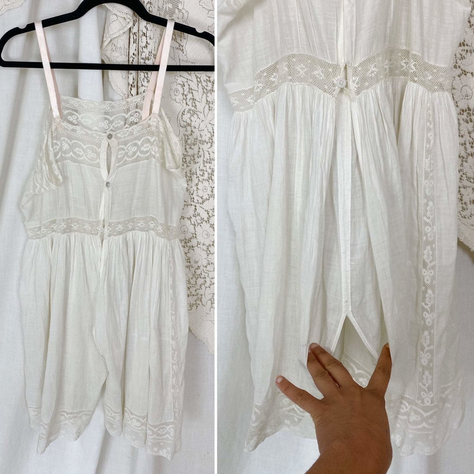 Antique Edwardian 1910's Camiknickers | Soft Semi-Sheer White Cotton with Lace & Open Seat | Size M - Daggers & Dames