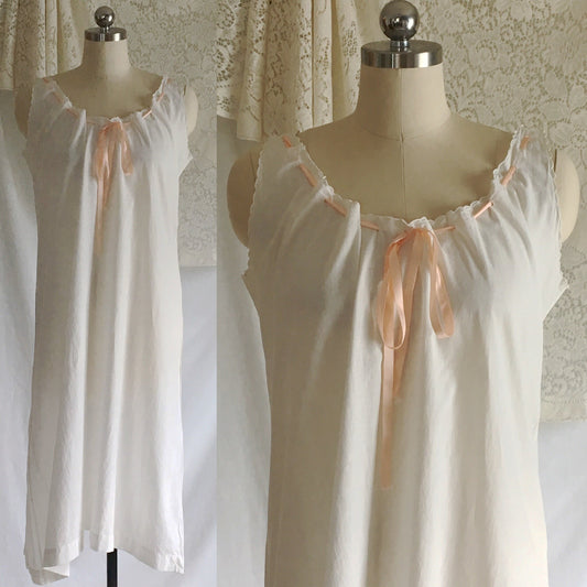Antique Edwardian 1910's Chemise | White Cotton with Satin Ribbon & Embroidered Collar | Size SM, M, LG - Daggers & Dames