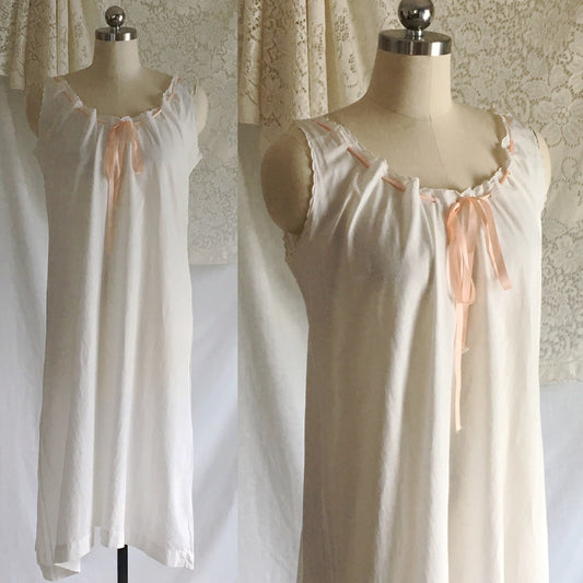 Antique Edwardian 1910's Chemise | White Cotton with Satin Ribbon & Embroidered Collar | Size SM, M, LG - Daggers & Dames