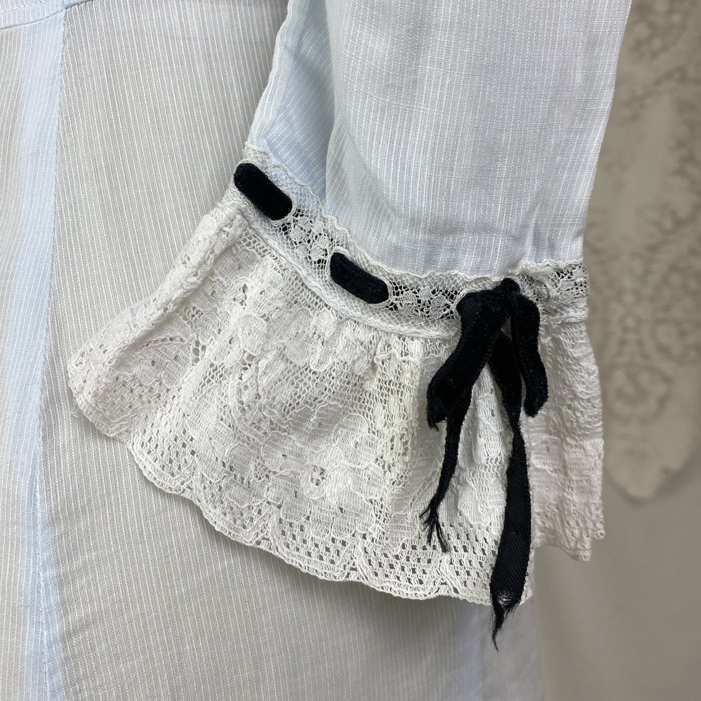 Antique Edwardian 1910's Dress | Pale Baby Blue & White Striped Cotton with Black Velvet Ribbon | Size XS - Daggers & Dames