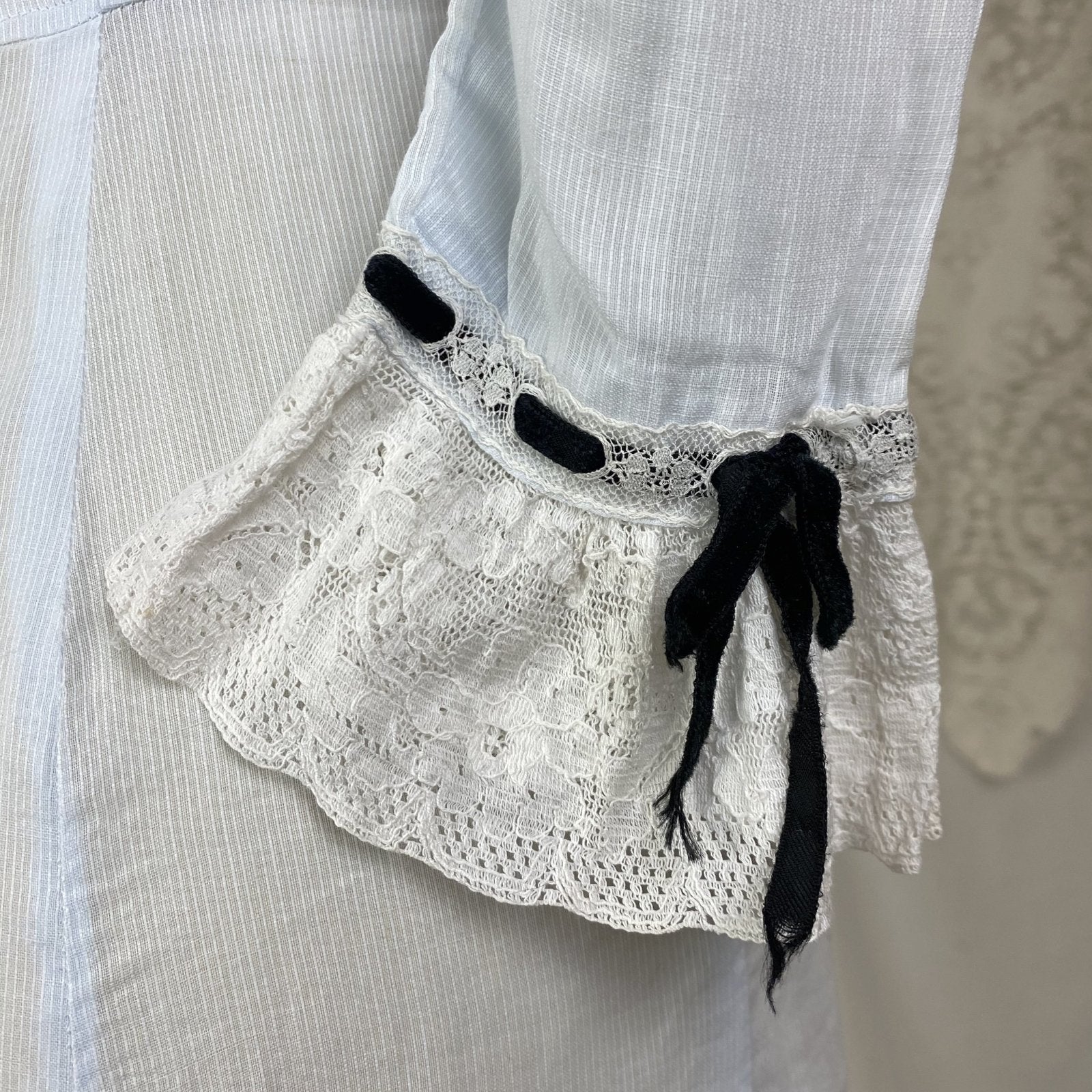 Antique Edwardian 1910's Dress | Pale Baby Blue & White Striped Cotton with Black Velvet Ribbon | Size XS - Daggers & Dames
