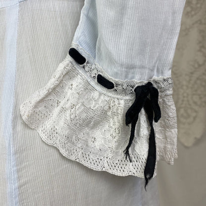 Antique Edwardian 1910's Dress | Pale Baby Blue & White Striped Cotton with Black Velvet Ribbon | Size XS - Daggers & Dames