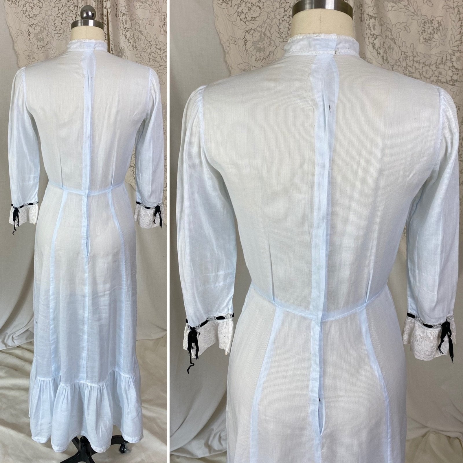 Antique Edwardian 1910's Dress | Pale Baby Blue & White Striped Cotton with Black Velvet Ribbon | Size XS - Daggers & Dames