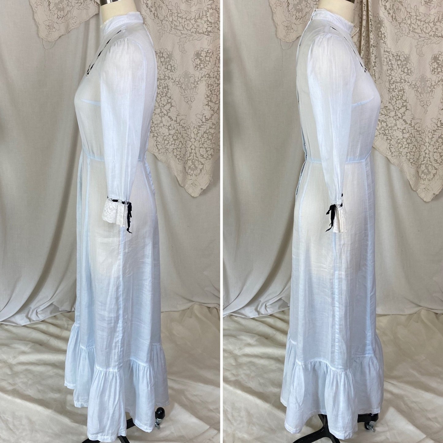 Antique Edwardian 1910's Dress | Pale Baby Blue & White Striped Cotton with Black Velvet Ribbon | Size XS - Daggers & Dames