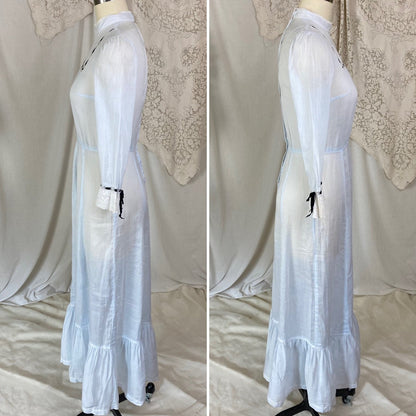 Antique Edwardian 1910's Dress | Pale Baby Blue & White Striped Cotton with Black Velvet Ribbon | Size XS - Daggers & Dames