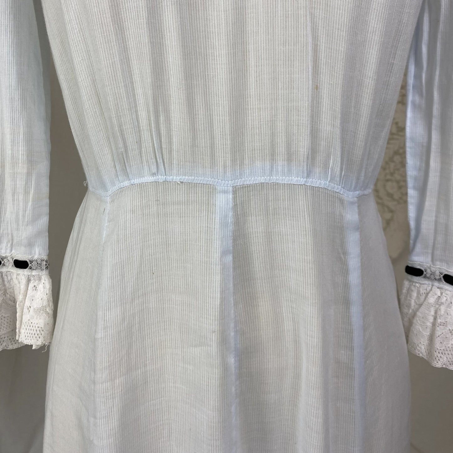 Antique Edwardian 1910's Dress | Pale Baby Blue & White Striped Cotton with Black Velvet Ribbon | Size XS - Daggers & Dames