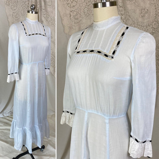 Antique Edwardian 1910's Dress | Pale Baby Blue & White Striped Cotton with Black Velvet Ribbon | Size XS - Daggers & Dames
