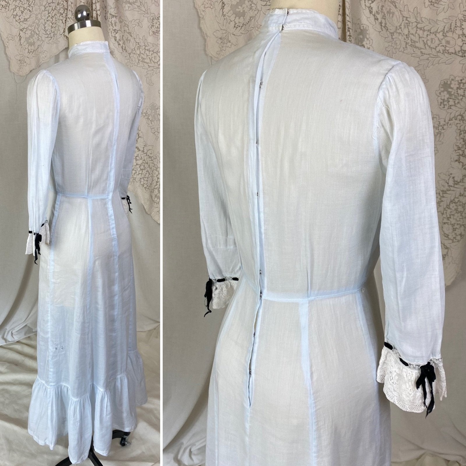 Antique Edwardian 1910's Dress | Pale Baby Blue & White Striped Cotton with Black Velvet Ribbon | Size XS - Daggers & Dames