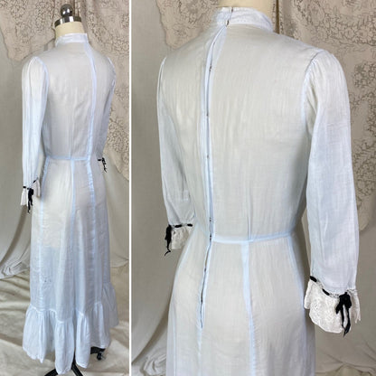 Antique Edwardian 1910's Dress | Pale Baby Blue & White Striped Cotton with Black Velvet Ribbon | Size XS - Daggers & Dames