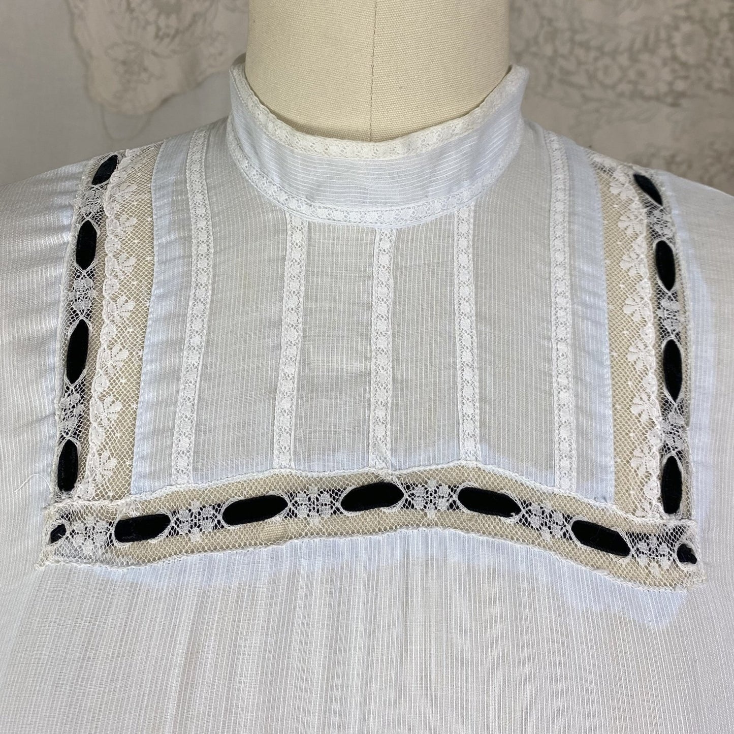 Antique Edwardian 1910's Dress | Pale Baby Blue & White Striped Cotton with Black Velvet Ribbon | Size XS - Daggers & Dames