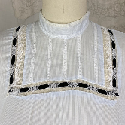 Antique Edwardian 1910's Dress | Pale Baby Blue & White Striped Cotton with Black Velvet Ribbon | Size XS - Daggers & Dames