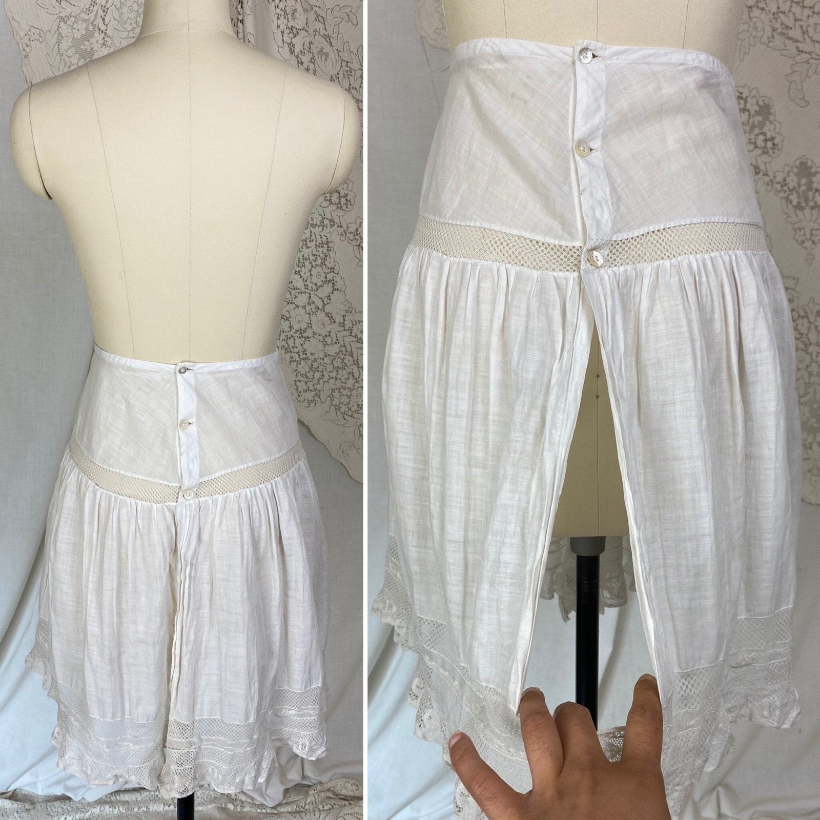 Antique Edwardian 1910's Knickers | Soft Semi-Sheer White Cotton with Lace & Open Seat | Size M, LG - Daggers & Dames