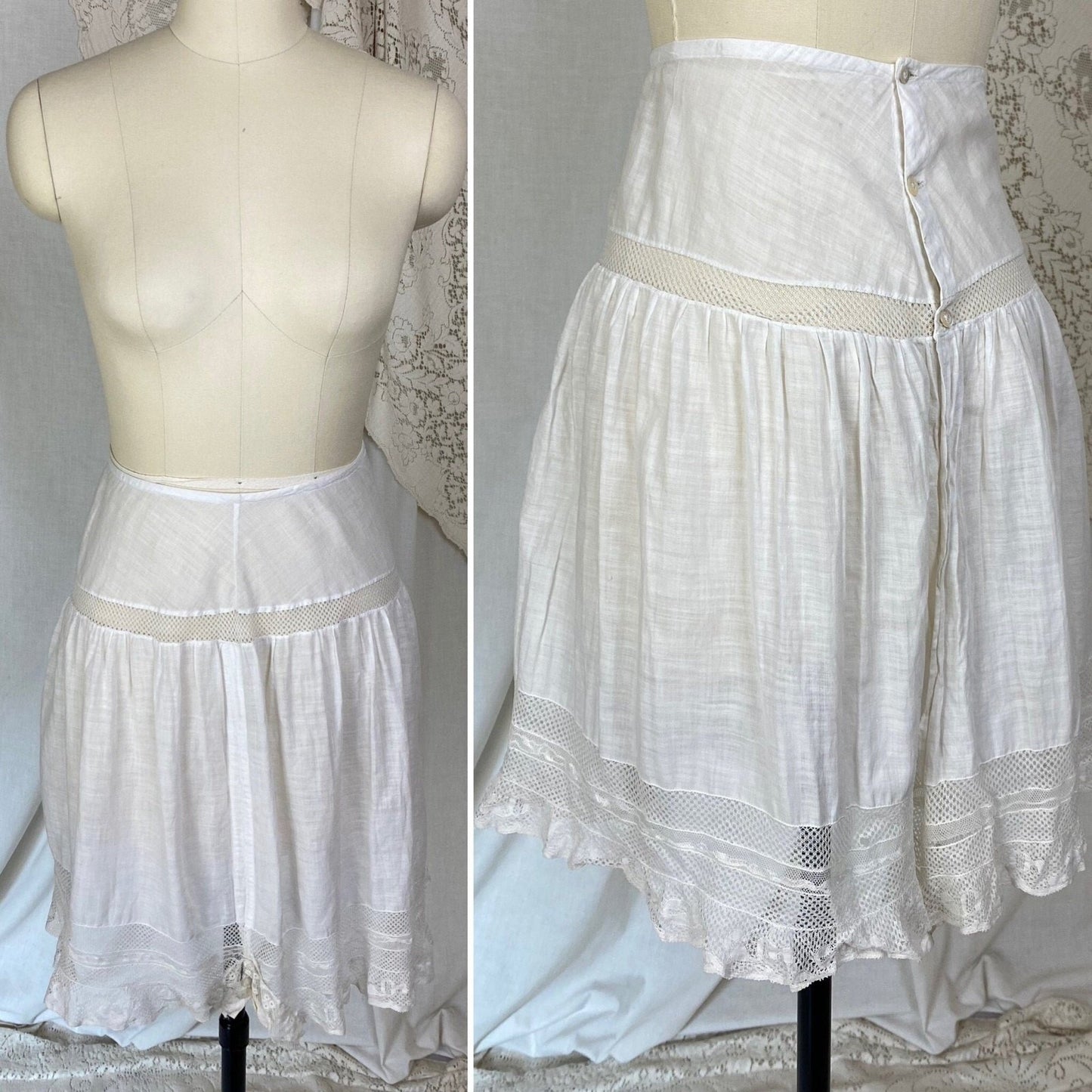 Antique Edwardian 1910's Knickers | Soft Semi-Sheer White Cotton with Lace & Open Seat | Size M, LG - Daggers & Dames