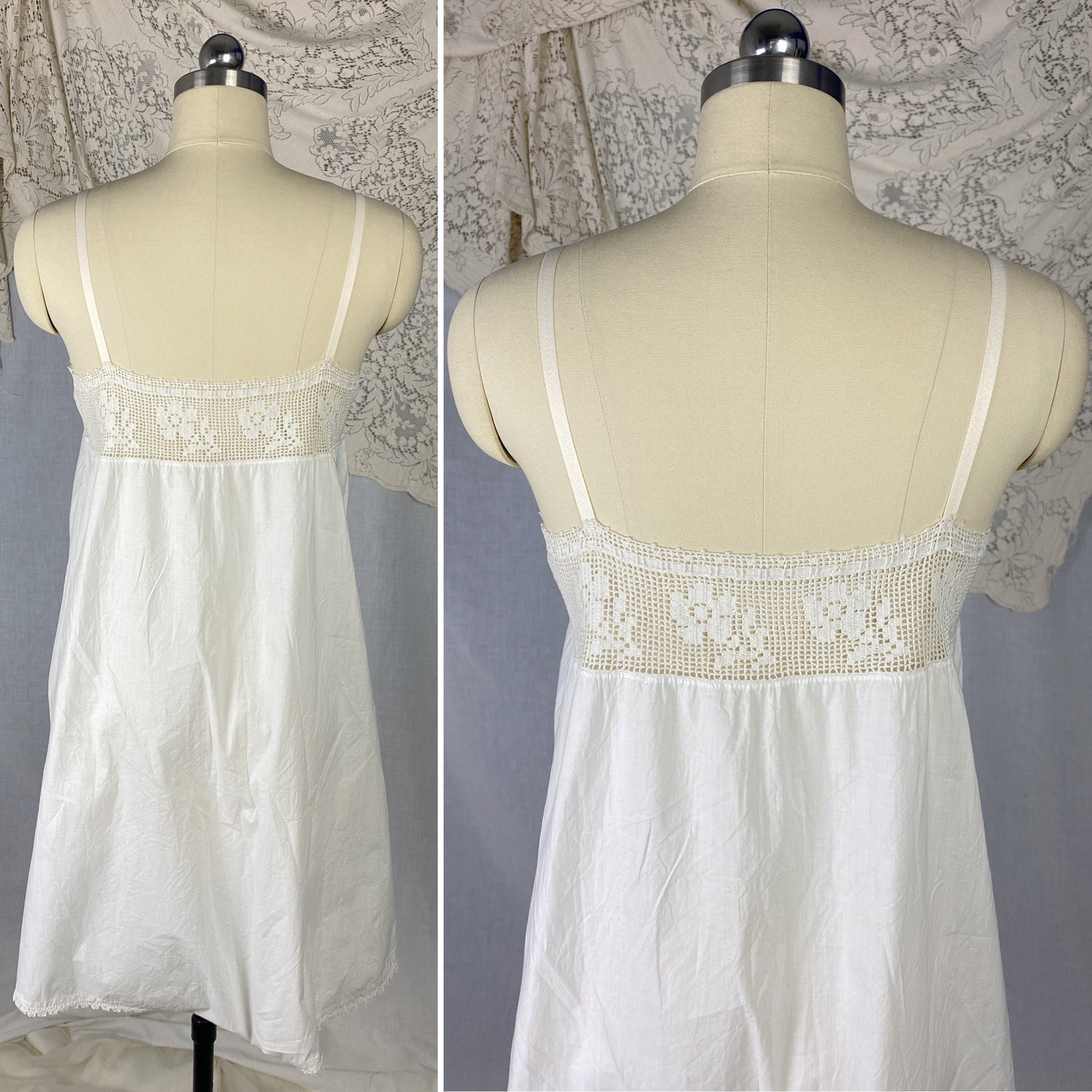 Antique Edwardian 1910's Step In Chemise | Hand Stitched White Cotton Lawn with Filet Lace & Crochet Hem | Size XS, SM, M - Daggers & Dames
