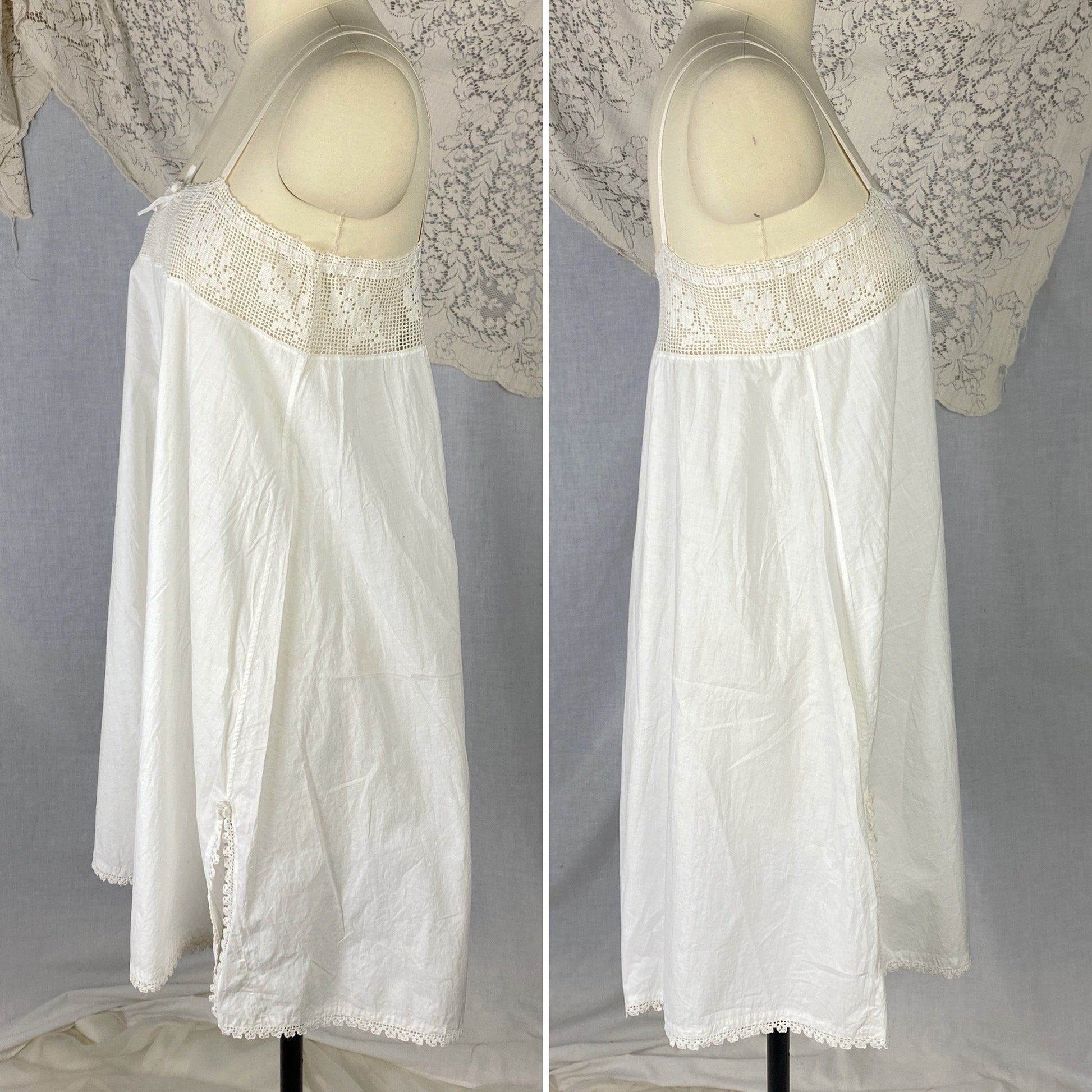 Antique Edwardian 1910's Step In Chemise | Hand Stitched White Cotton Lawn with Filet Lace & Crochet Hem | Size XS, SM, M - Daggers & Dames