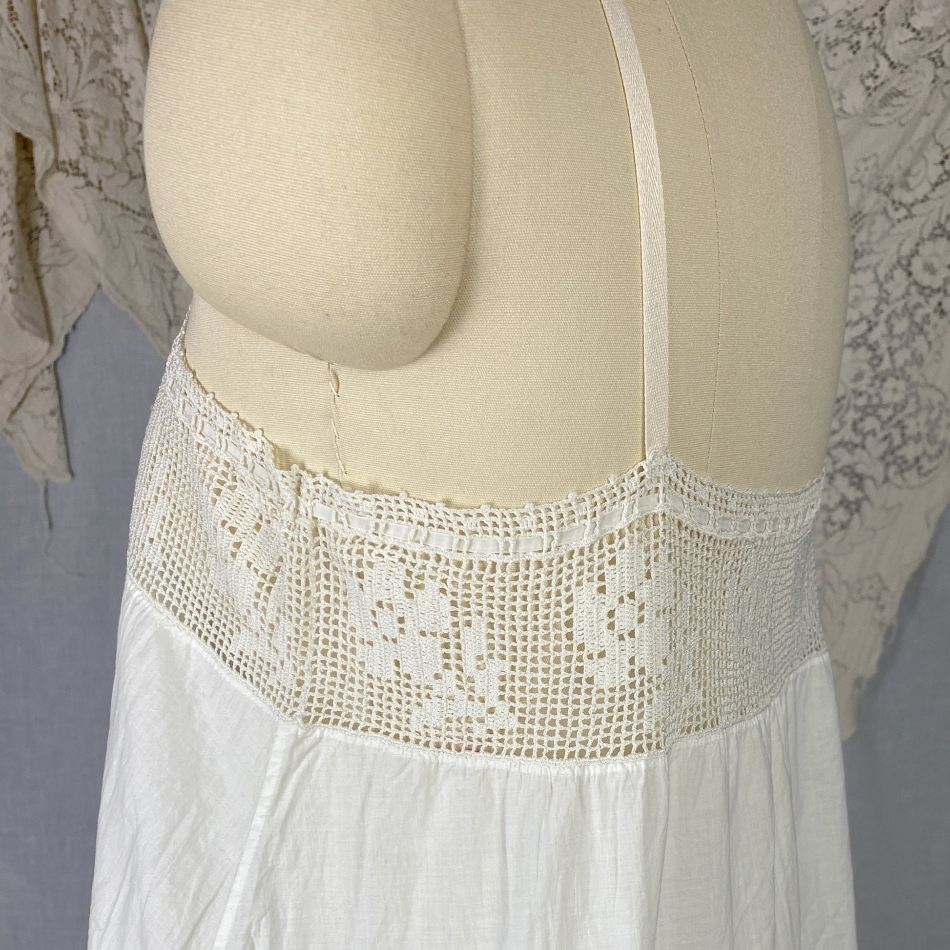 Antique Edwardian 1910's Step In Chemise | Hand Stitched White Cotton Lawn with Filet Lace & Crochet Hem | Size XS, SM, M - Daggers & Dames