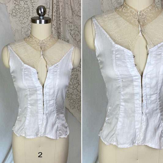 Antique Edwardian Dickie Camisole | Soft White Cotton with Ecru Embroidered Lace | Size XS - Daggers & Dames