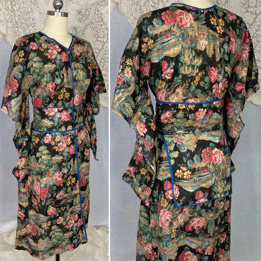 Antique Victorian 1900's Kimono Style Robe | Black with Bright Floral Scenic Print Cotton | Size XS - Daggers & Dames