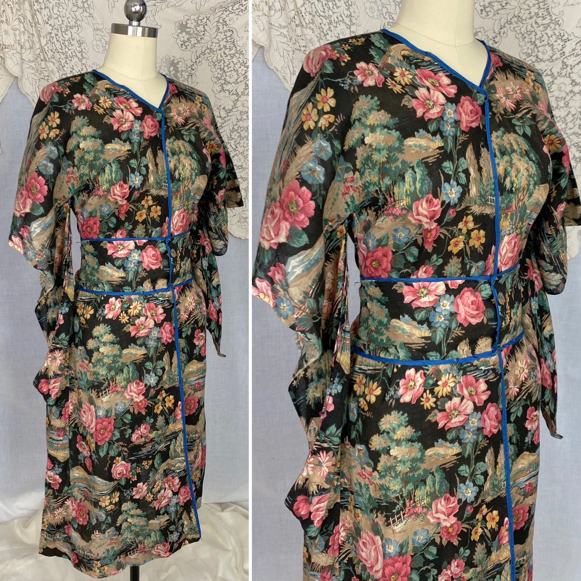 Antique Victorian 1900's Kimono Style Robe | Black with Bright Floral Scenic Print Cotton | Size XS - Daggers & Dames