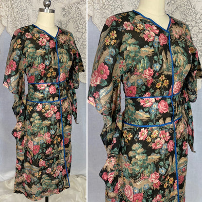 Antique Victorian 1900's Kimono Style Robe | Black with Bright Floral Scenic Print Cotton | Size XS - Daggers & Dames